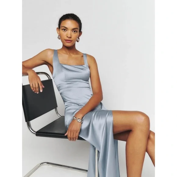 Reformation Dress Solay Silk Blue Slit Wedding Corset Maxi Mineral 0 NWT - Picture 9 of 10